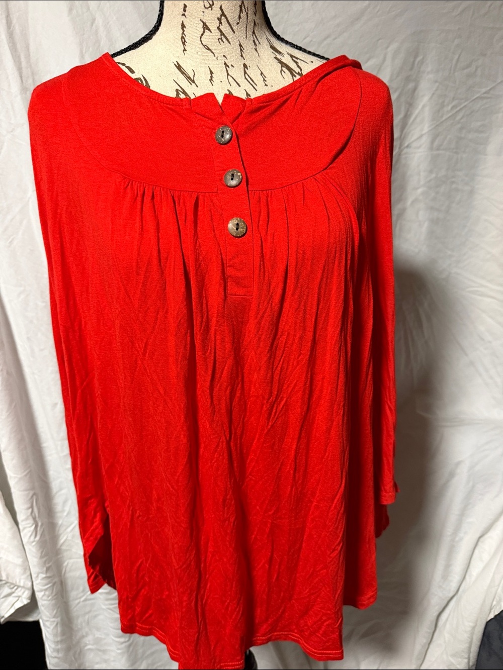 Bright Red Long Sleeve Henley Peasant Tunic Flowy Top Size XL